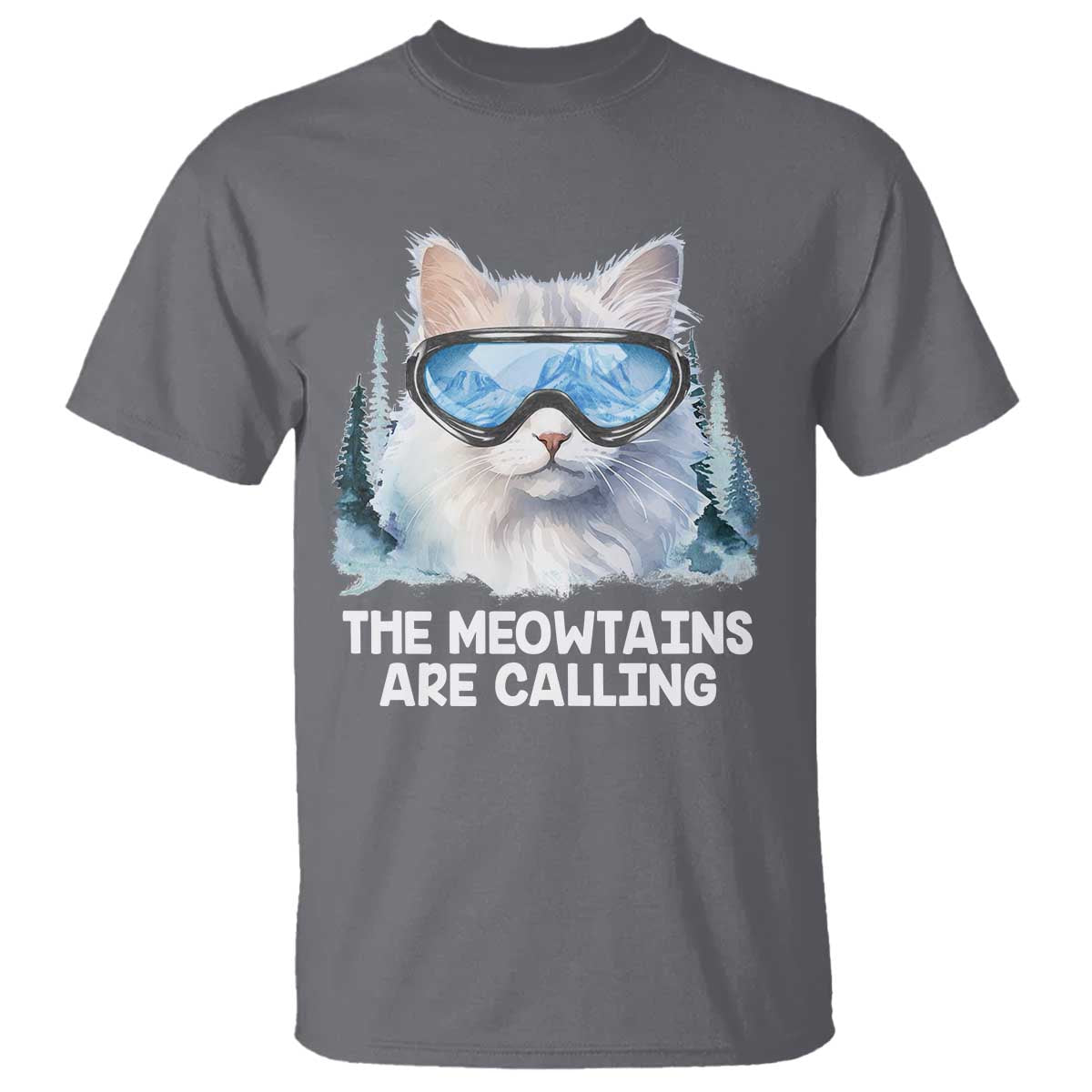 Funny Skiing Snowboarding Cat T Shirt The Meowtains Are Calling Ski Goggles TS11 Charcoal Print Your Wear