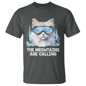 Funny Skiing Snowboarding Cat T Shirt The Meowtains Are Calling Ski Goggles TS11 Dark Heather Print Your Wear