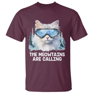 Funny Skiing Snowboarding Cat T Shirt The Meowtains Are Calling Ski Goggles TS11 Maroon Print Your Wear