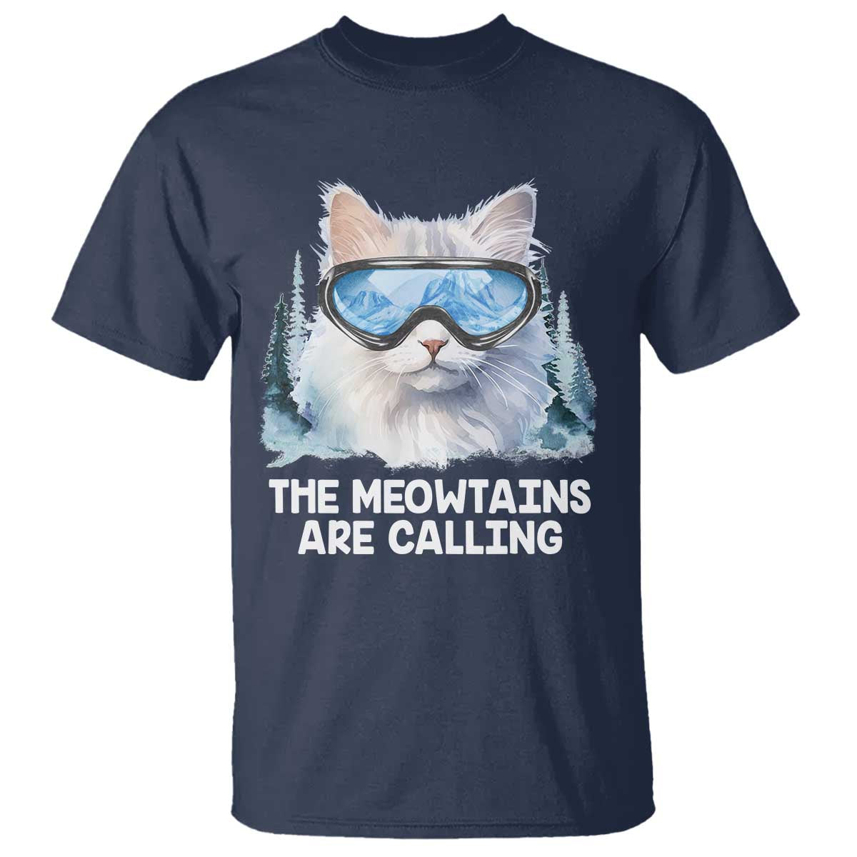 Funny Skiing Snowboarding Cat T Shirt The Meowtains Are Calling Ski Goggles TS11 Navy Print Your Wear