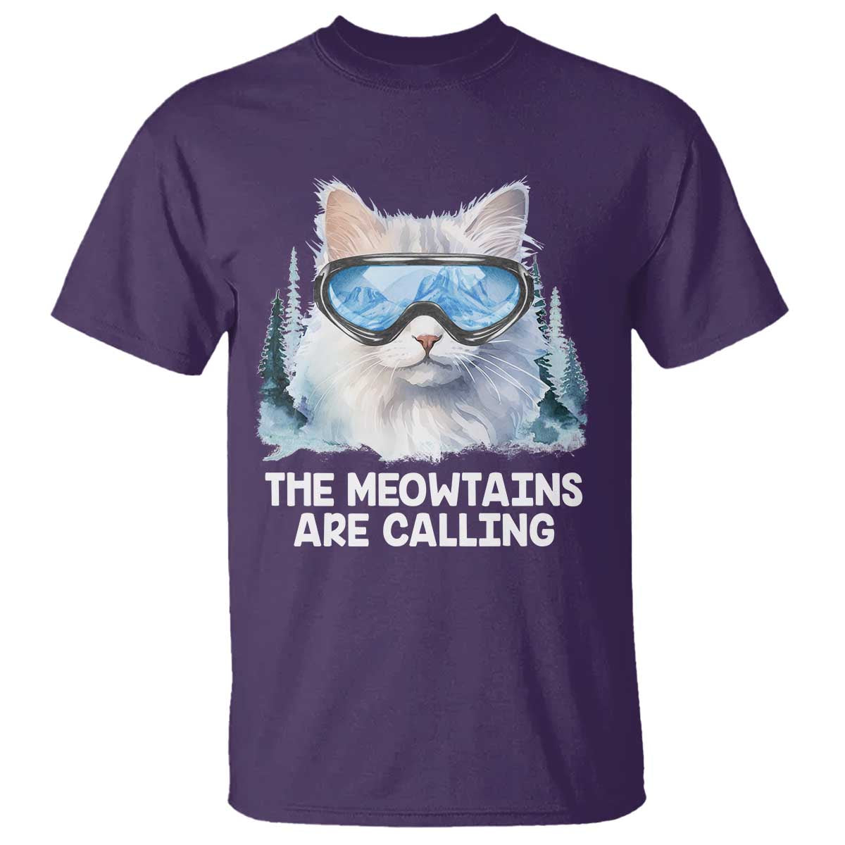Funny Skiing Snowboarding Cat T Shirt The Meowtains Are Calling Ski Goggles TS11 Purple Print Your Wear