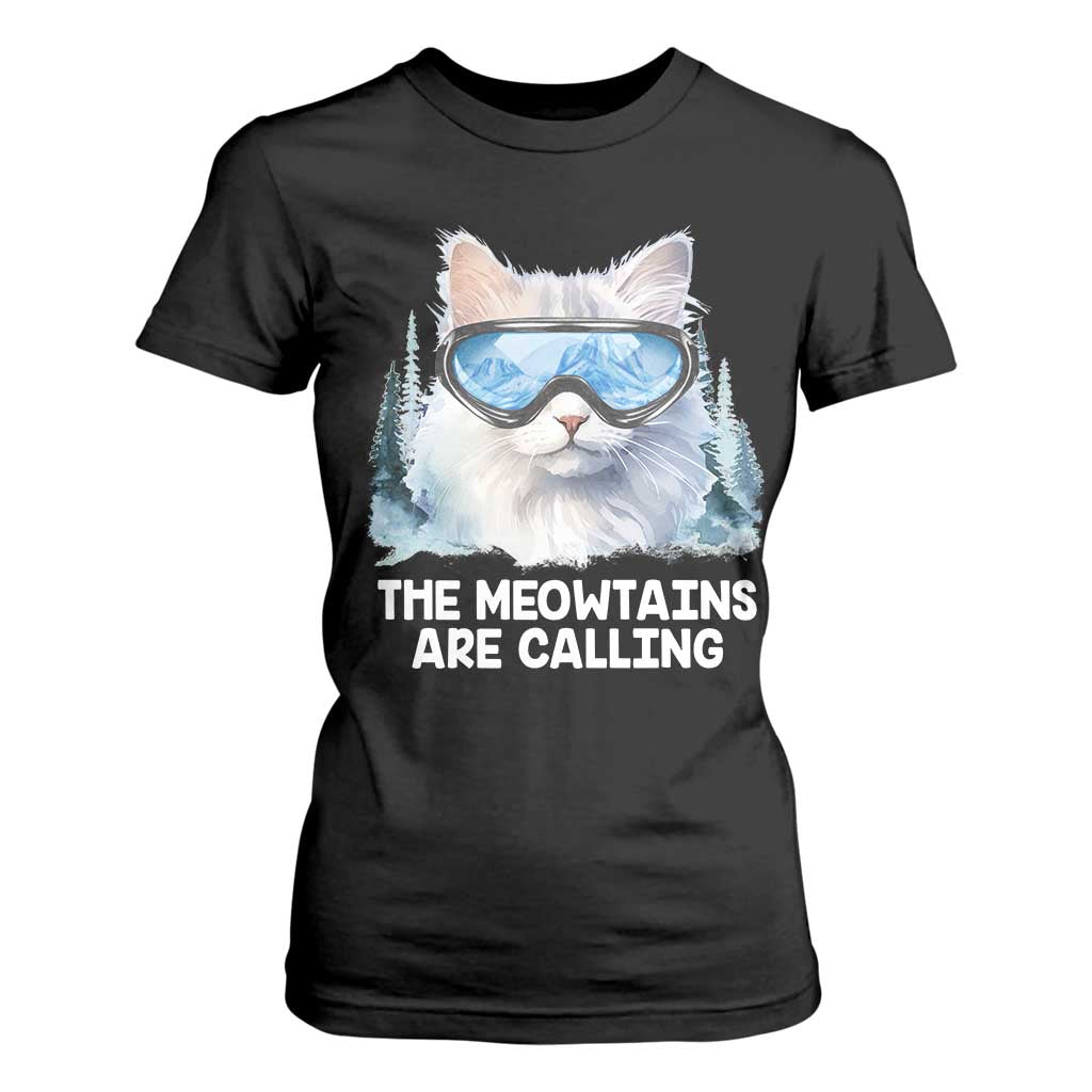 Funny Skiing Snowboarding Cat T Shirt For Women The Meowtains Are Calling Ski Goggles TS11 Black Print Your Wear