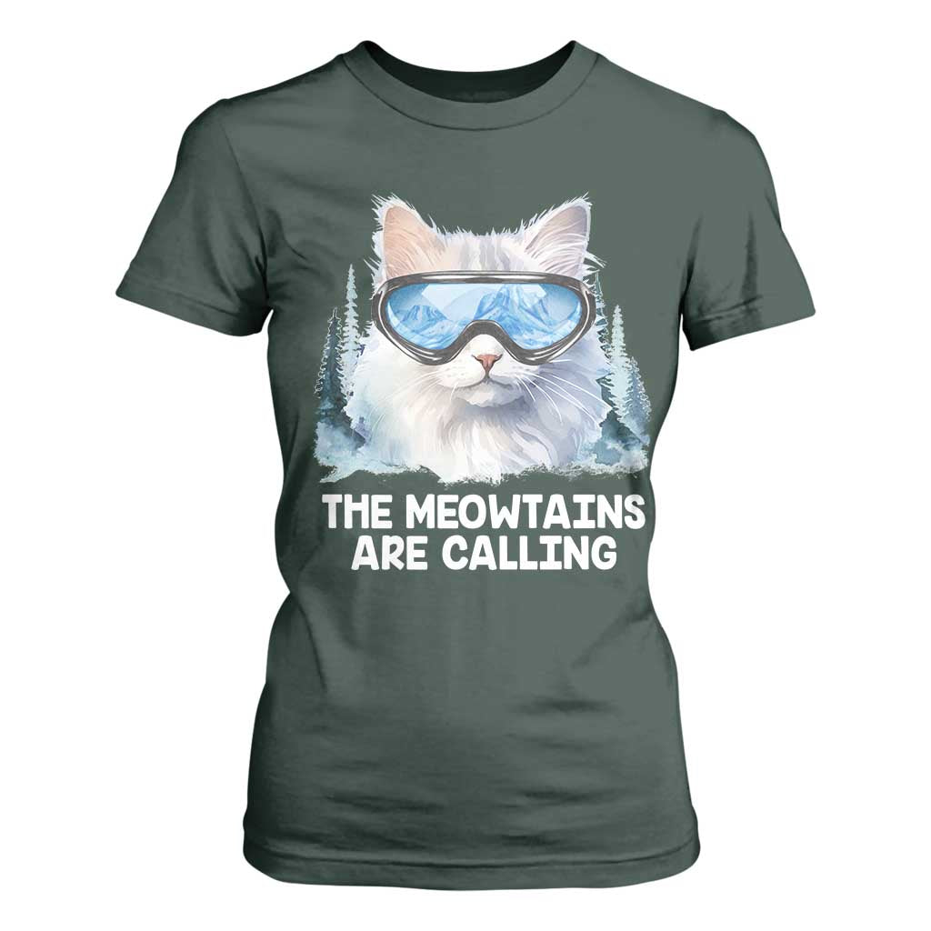 Funny Skiing Snowboarding Cat T Shirt For Women The Meowtains Are Calling Ski Goggles TS11 Dark Forest Green Print Your Wear