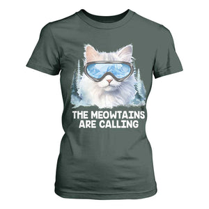 Funny Skiing Snowboarding Cat T Shirt For Women The Meowtains Are Calling Ski Goggles TS11 Dark Forest Green Print Your Wear