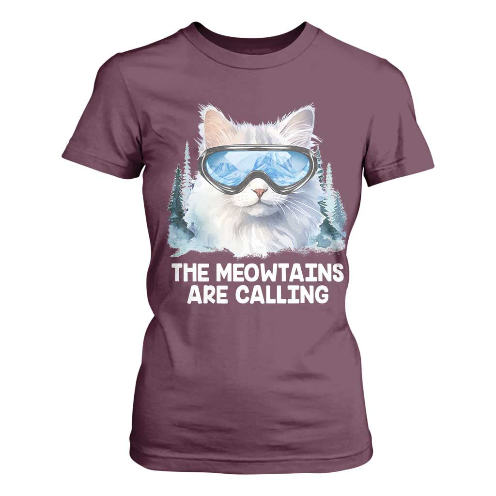 Funny Skiing Snowboarding Cat T Shirt For Women The Meowtains Are Calling Ski Goggles TS11 Maroon Print Your Wear