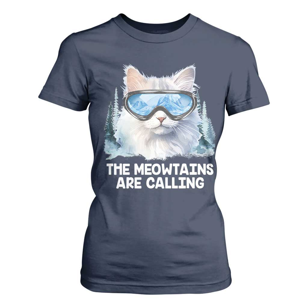 Funny Skiing Snowboarding Cat T Shirt For Women The Meowtains Are Calling Ski Goggles TS11 Navy Print Your Wear