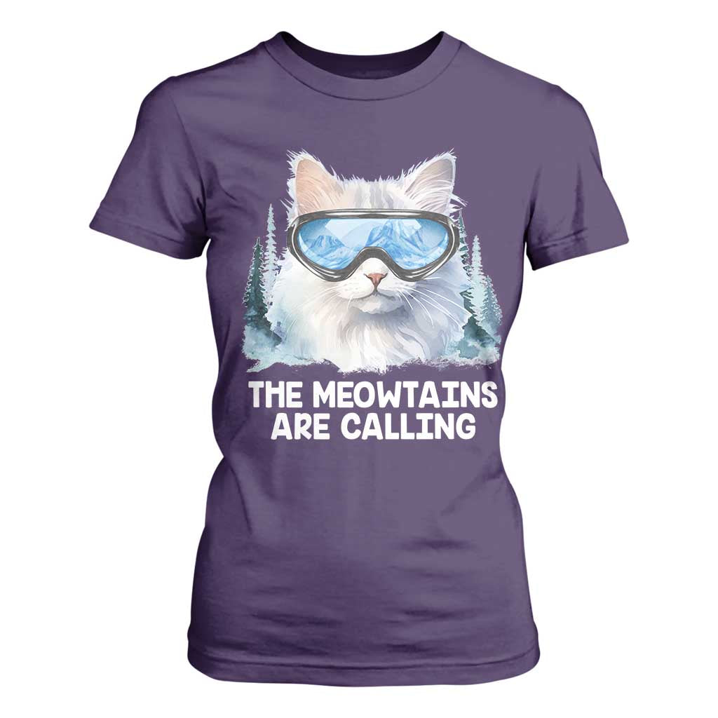 Funny Skiing Snowboarding Cat T Shirt For Women The Meowtains Are Calling Ski Goggles TS11 Purple Print Your Wear