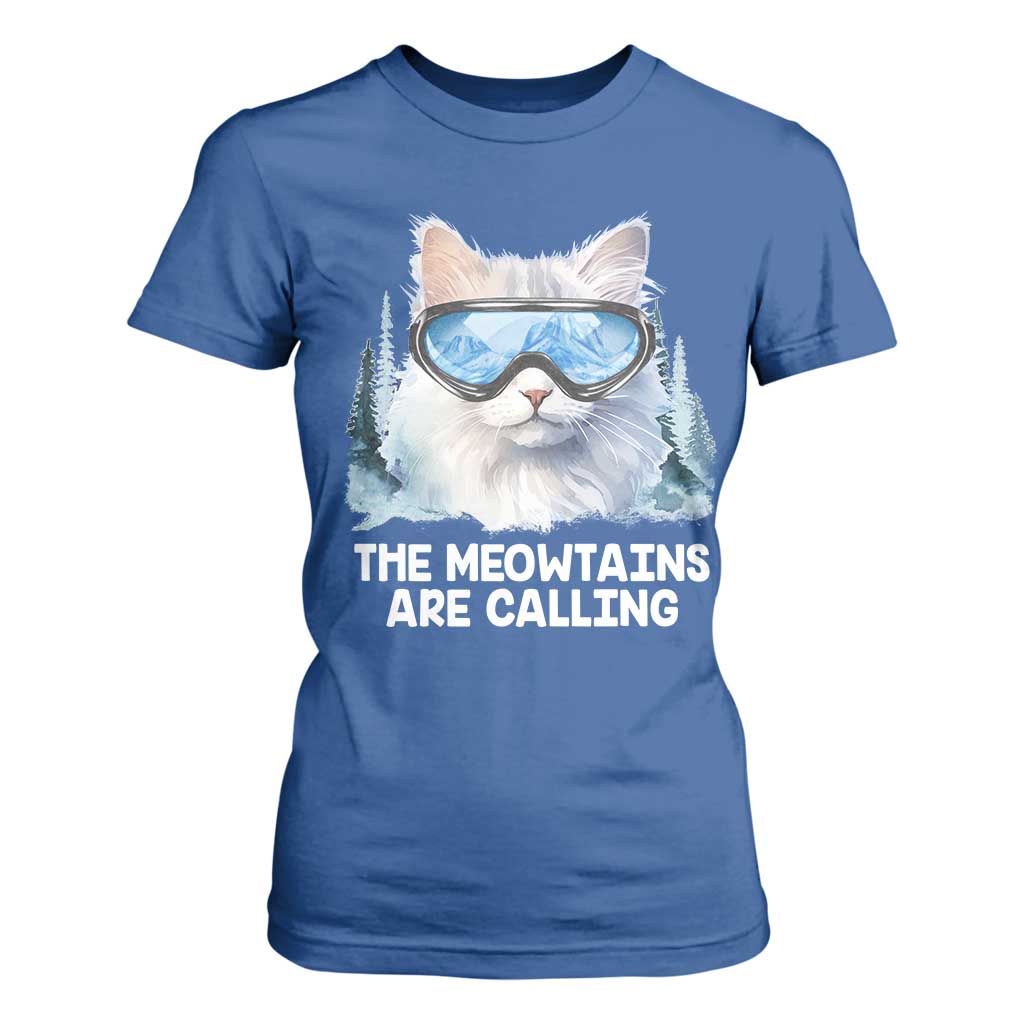 Funny Skiing Snowboarding Cat T Shirt For Women The Meowtains Are Calling Ski Goggles TS11 Royal Blue Print Your Wear