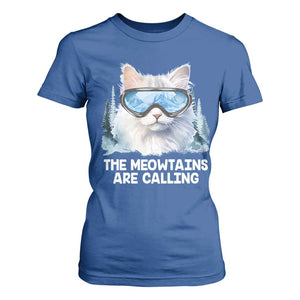 Funny Skiing Snowboarding Cat T Shirt For Women The Meowtains Are Calling Ski Goggles TS11 Royal Blue Print Your Wear