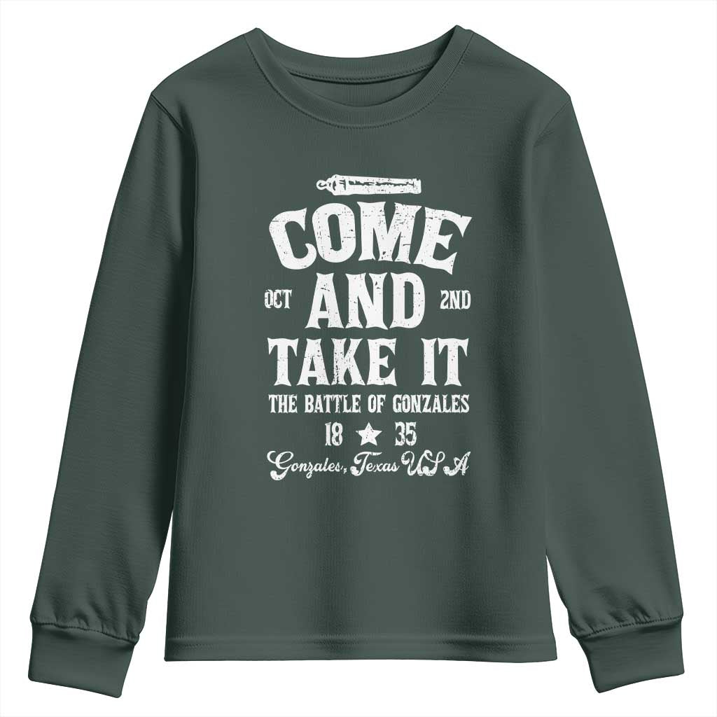 History Of Texas Youth Sweatshirt Come And Take It The Battle Of Gonzales TS11 Dark Forest Green Print Your Wear