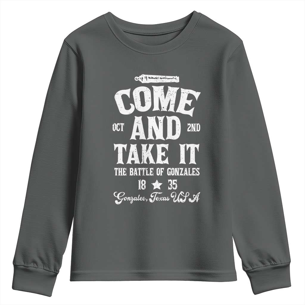 History Of Texas Youth Sweatshirt Come And Take It The Battle Of Gonzales TS11 Dark Heather Print Your Wear