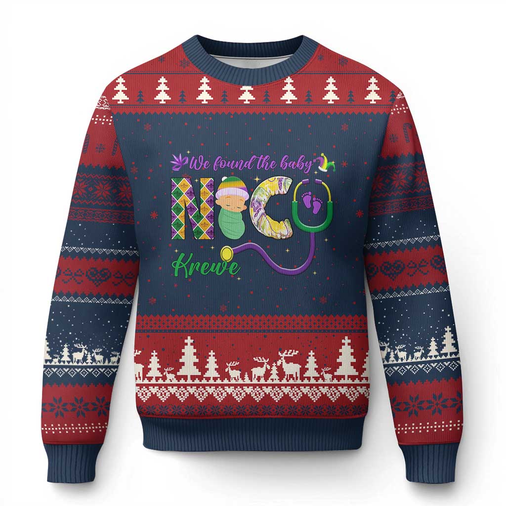 Funny NICU Mardi Gras Ugly Christmas Sweater We Found The Baby NICU Krewe King Cake TS11 Navy Red Print Your Wear