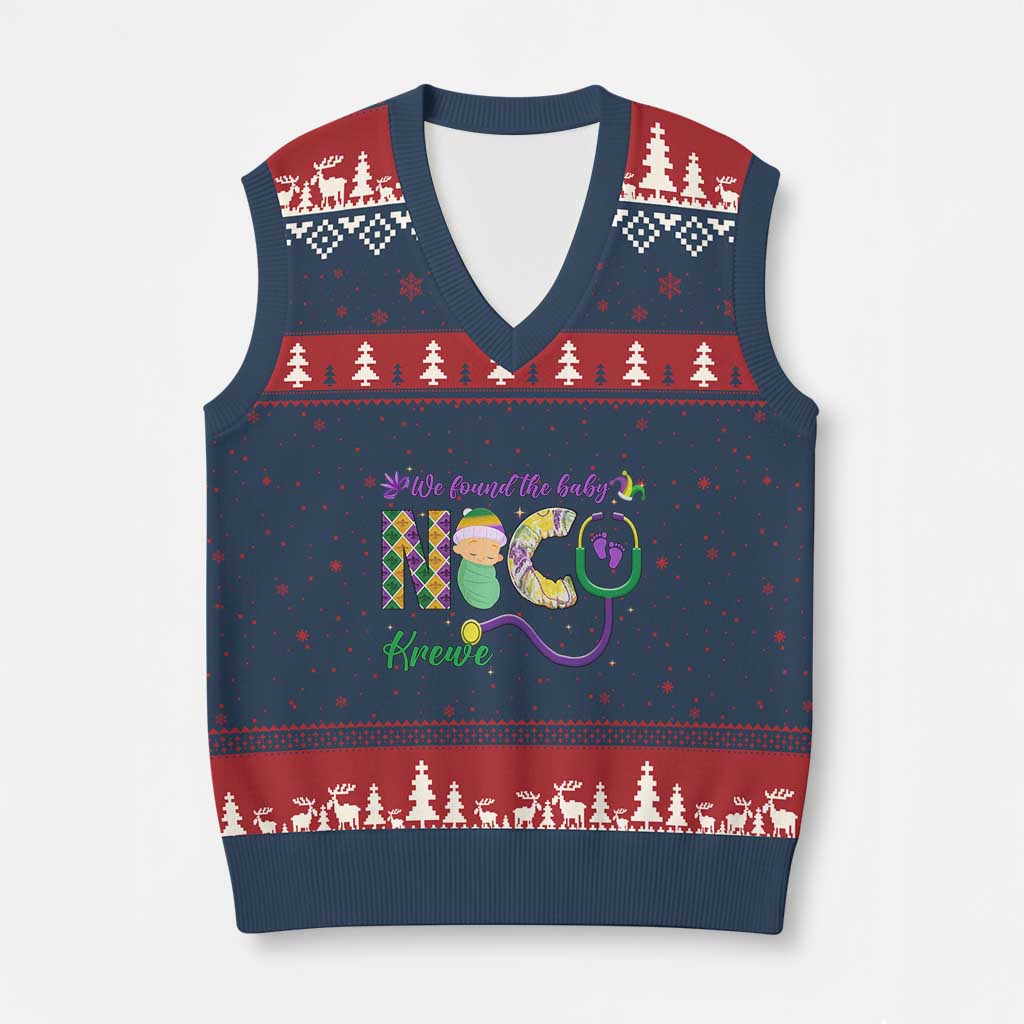 Funny NICU Mardi Gras V-Neck Knit Sweater Vest We Found The Baby NICU Krewe King Cake TS11 Navy Red Print Your Wear