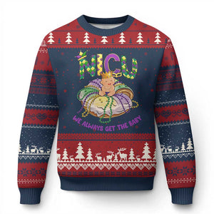 Funny NICU Nurse Mardi Gras Ugly Christmas Sweater We Always Get The Baby King Cake TS11 Navy Red Print Your Wear