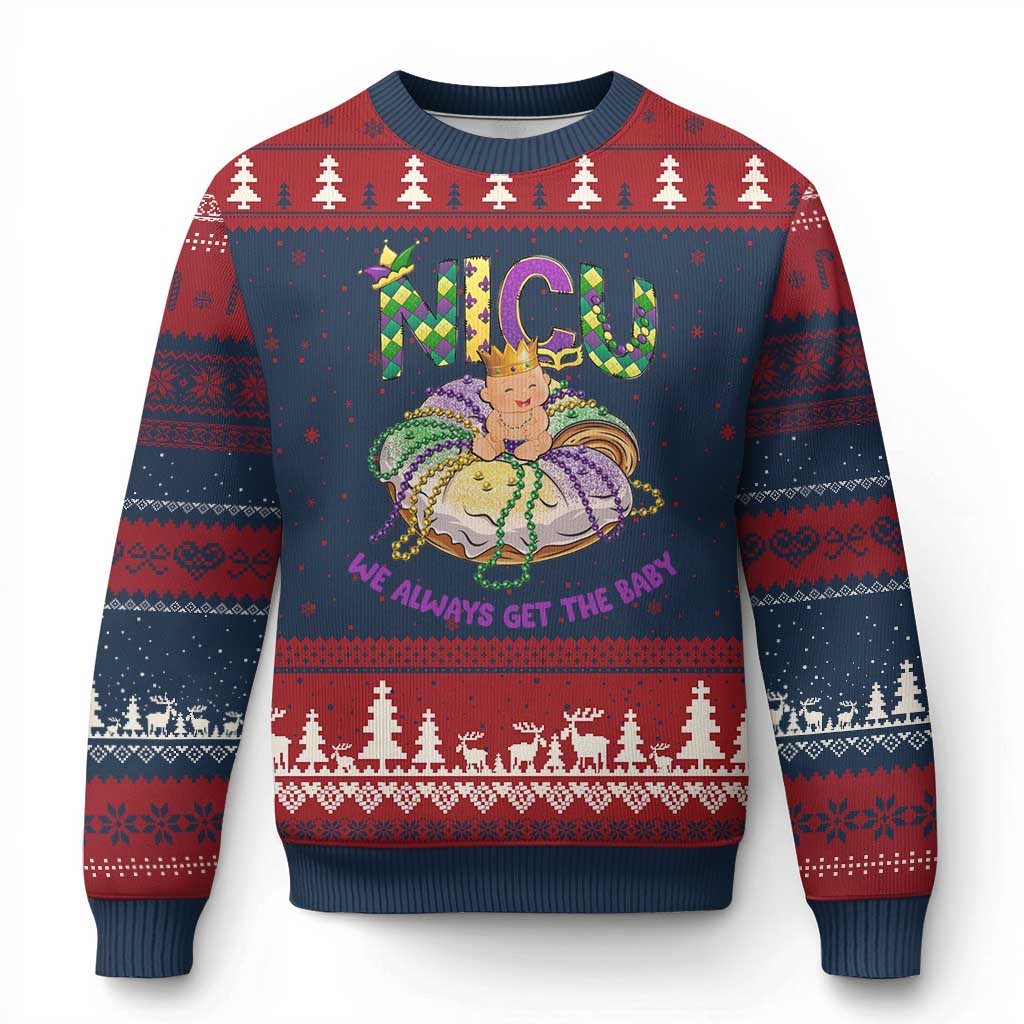 Funny NICU Nurse Mardi Gras Ugly Christmas Sweater We Always Get The Baby King Cake TS11 Navy Red Print Your Wear