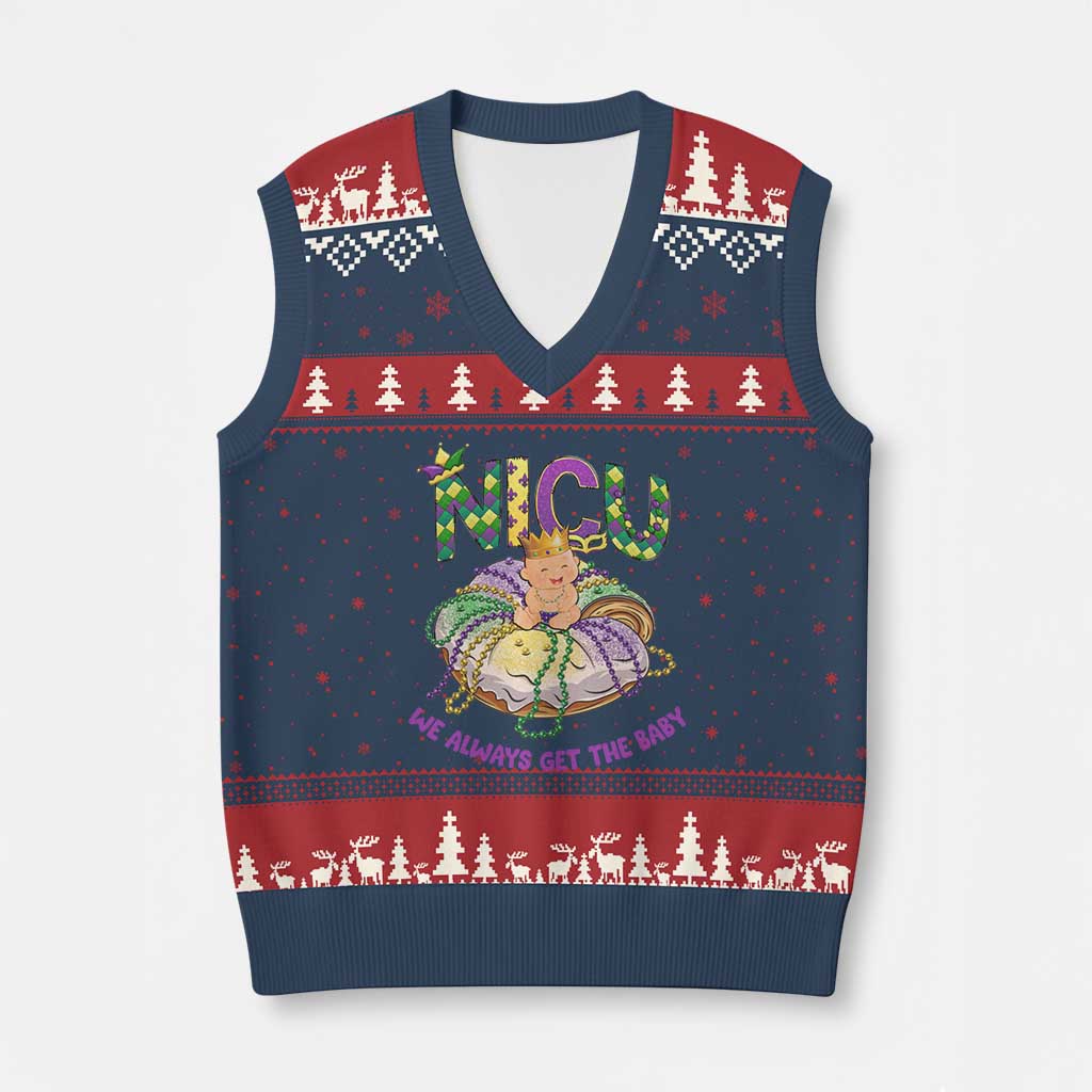 Funny NICU Nurse Mardi Gras V-Neck Knit Sweater Vest We Always Get The Baby King Cake TS11 Navy Red Print Your Wear