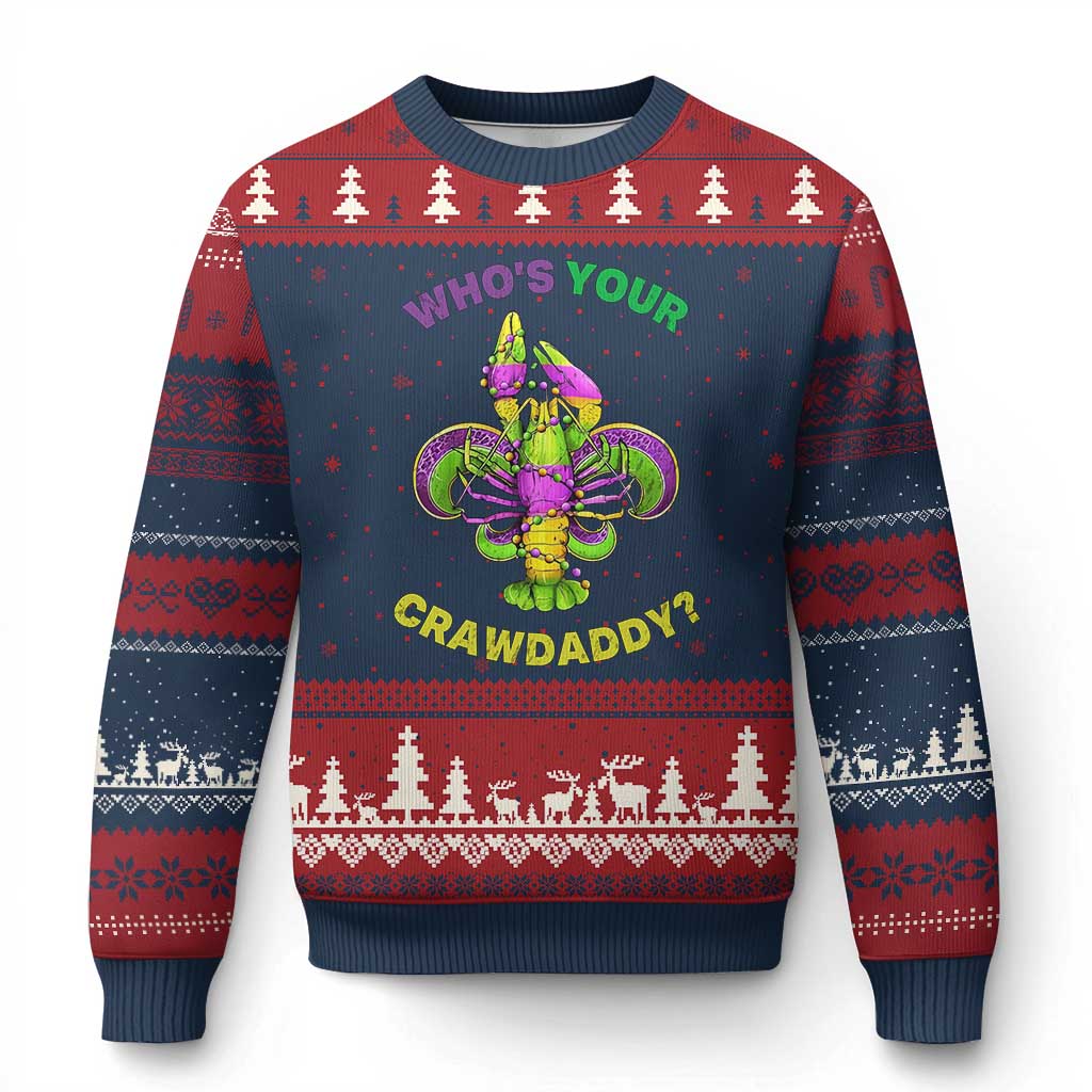 Funny Who's Your Crawdaddy Ugly Christmas Sweater Vintage Crawfish Beads Fleur De Lis Mardi Gras TS11 Navy Red Print Your Wear