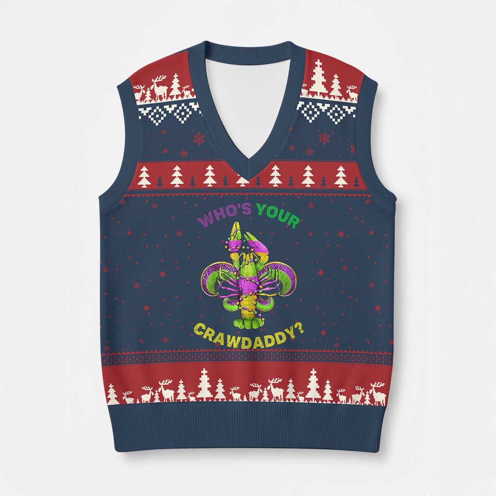 Funny Who's Your Crawdaddy V-Neck Knit Sweater Vest Vintage Crawfish Beads Fleur De Lis Mardi Gras TS11 Navy Red Print Your Wear