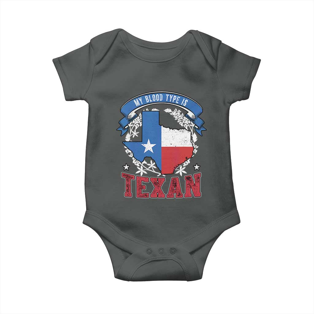 My Blood Types Is Texan Baby Onesie Proud American Texan TX Map Bluebonnet TS11 Dark Heather Print Your Wear