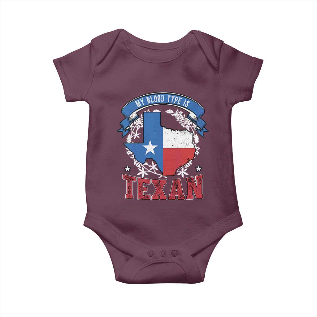 My Blood Types Is Texan Baby Onesie Proud American Texan TX Map Bluebonnet TS11 Maroon Print Your Wear