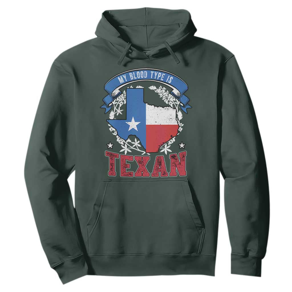 My Blood Types Is Texan Hoodie Proud American Texan TX Map Bluebonnet TS11 Dark Forest Green Print Your Wear