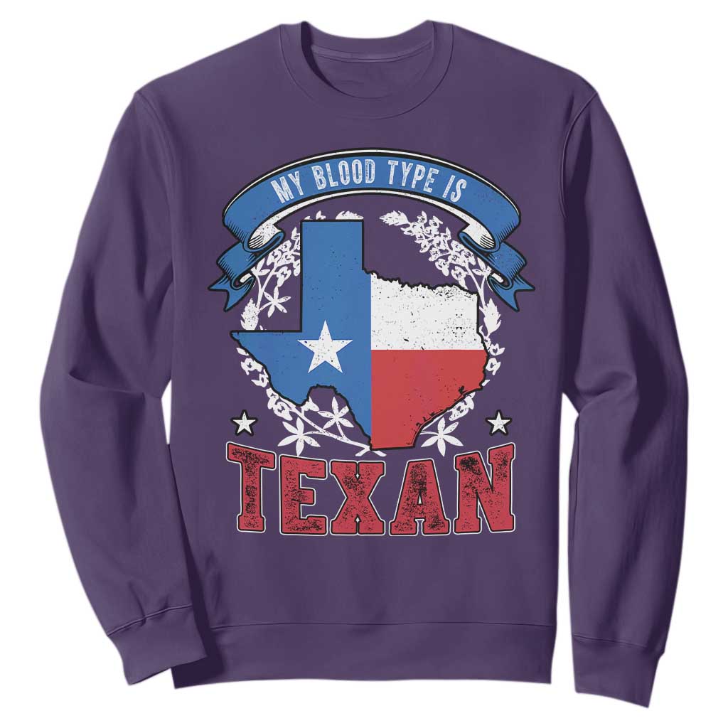 My Blood Types Is Texan Sweatshirt Proud American Texan TX Map Bluebonnet TS11 Purple Print Your Wear