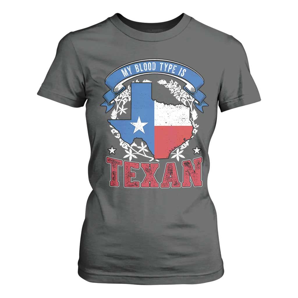 My Blood Types Is Texan T Shirt For Women Proud American Texan TX Map Bluebonnet TS11 Dark Heather Print Your Wear