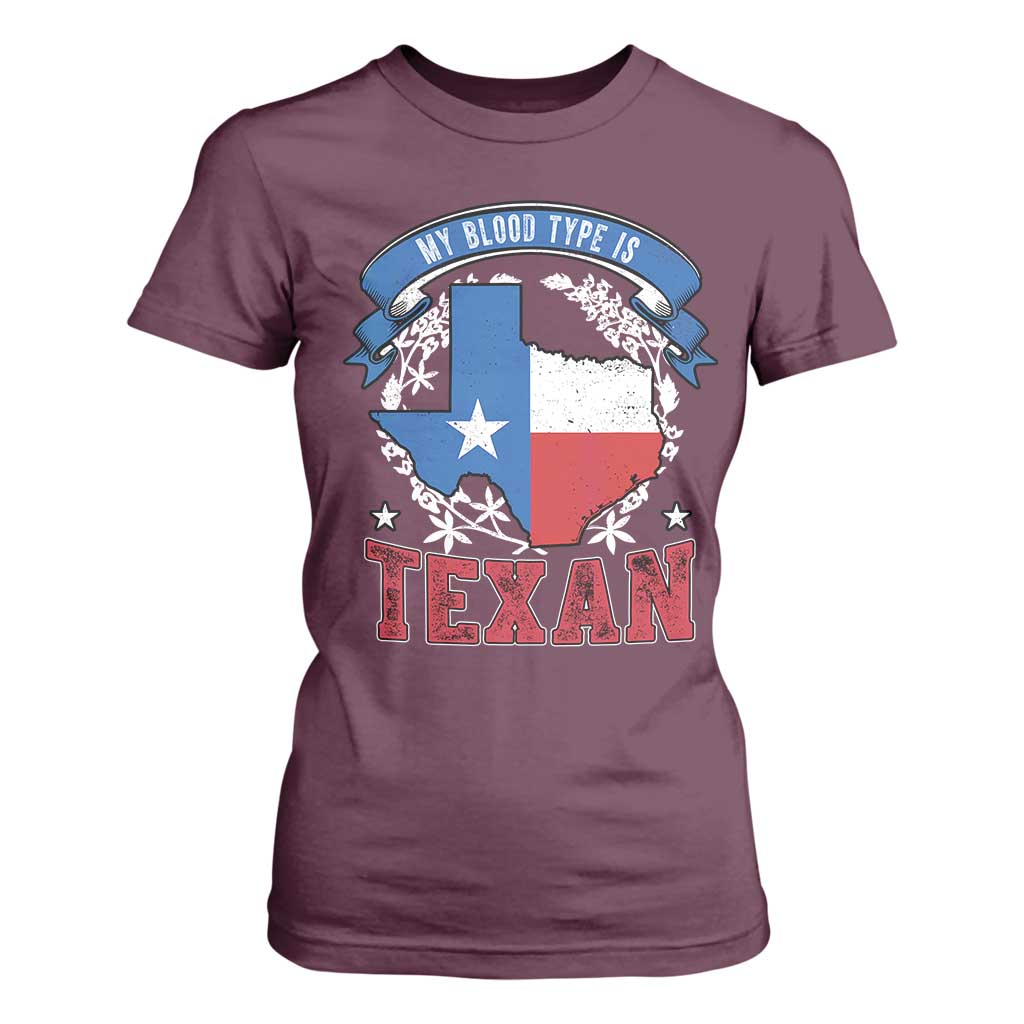 My Blood Types Is Texan T Shirt For Women Proud American Texan TX Map Bluebonnet TS11 Maroon Print Your Wear