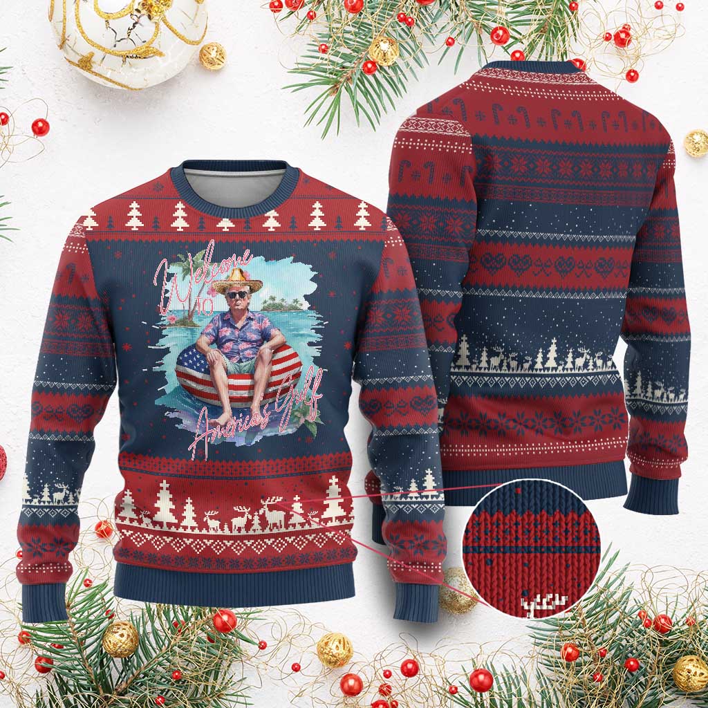 Funny Trump 2025 Welcome To America's Gulf Knit Sweatshirt Trump Sombrero Hat TS11 Burgundy Print Your Wear