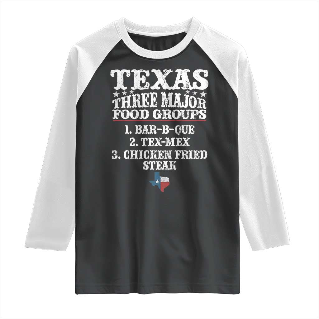 Proud American Texan Raglan Shirt Texas Three Major Food Groups BBQ Tex Mex Chicken TS11 Black White Print Your Wear