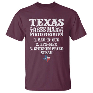 Proud American Texan T Shirt Texas Three Major Food Groups BBQ Tex Mex Chicken TS11 Maroon Print Your Wear
