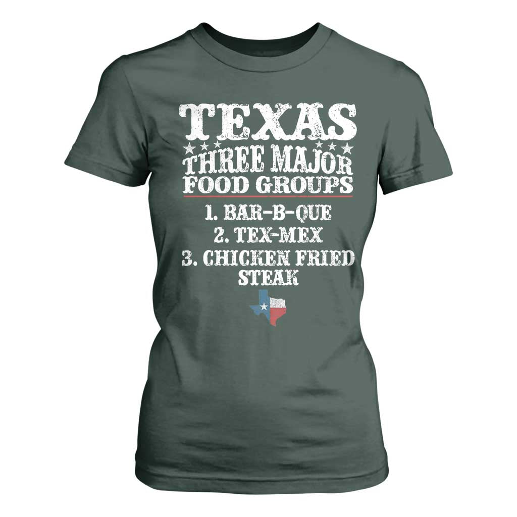 Proud American Texan T Shirt For Women Texas Three Major Food Groups BBQ Tex Mex Chicken TS11 Dark Forest Green Print Your Wear