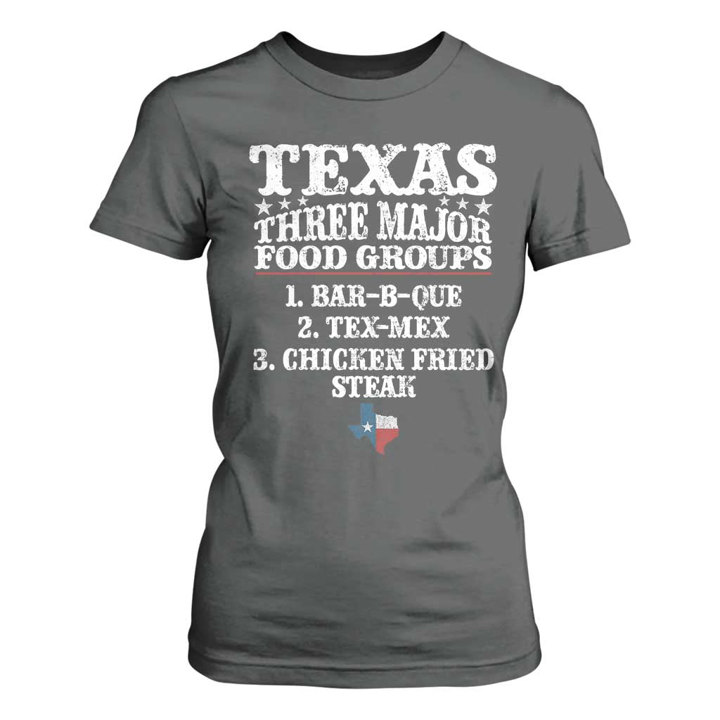 Proud American Texan T Shirt For Women Texas Three Major Food Groups BBQ Tex Mex Chicken TS11 Dark Heather Print Your Wear