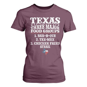 Proud American Texan T Shirt For Women Texas Three Major Food Groups BBQ Tex Mex Chicken TS11 Maroon Print Your Wear