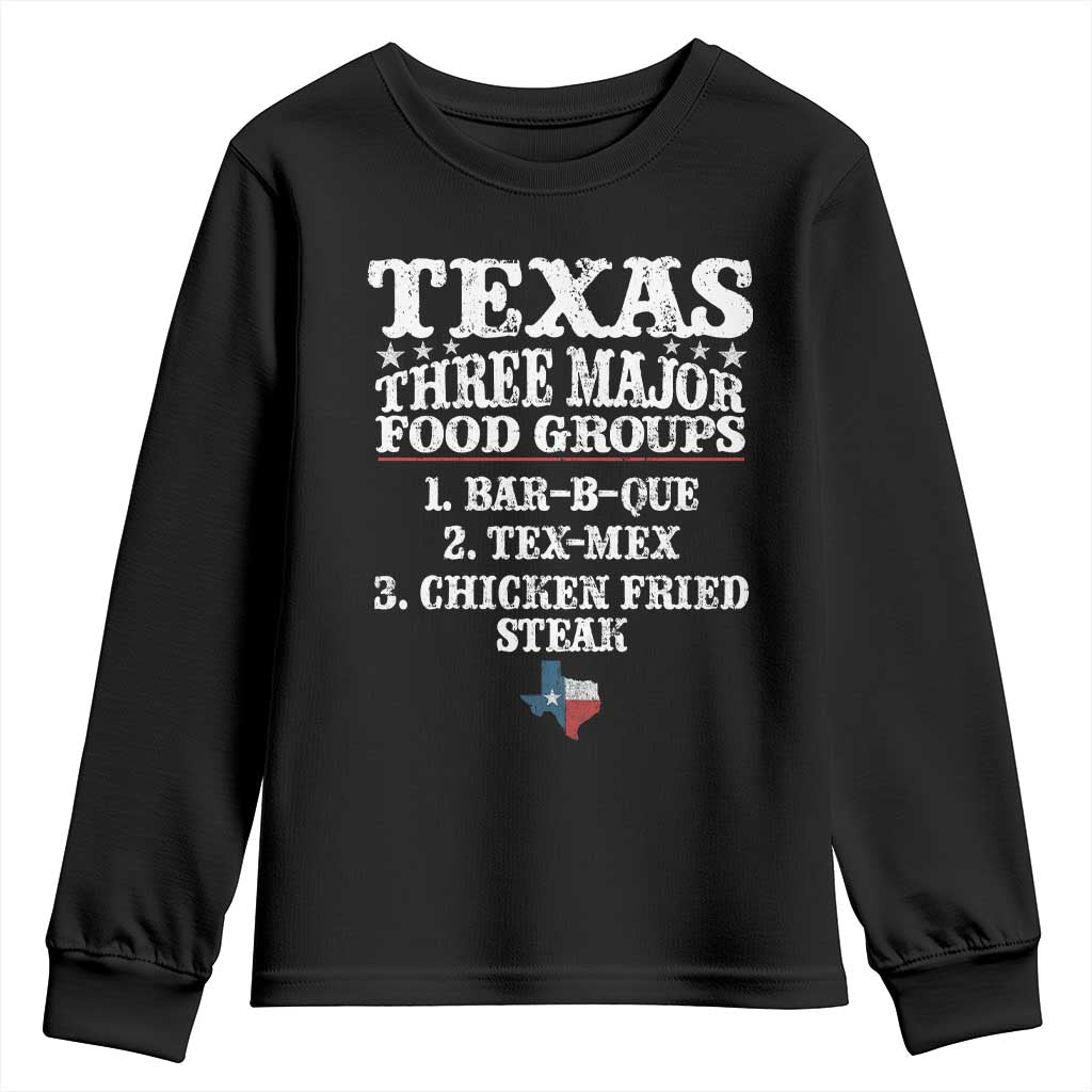 Proud American Texan Youth Sweatshirt Texas Three Major Food Groups BBQ Tex Mex Chicken TS11 Black Print Your Wear