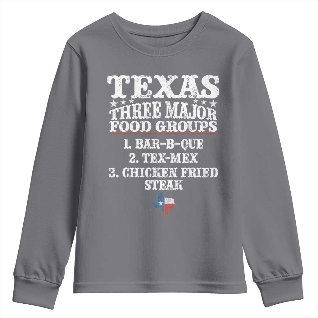 Proud American Texan Youth Sweatshirt Texas Three Major Food Groups BBQ Tex Mex Chicken TS11 Charcoal Print Your Wear
