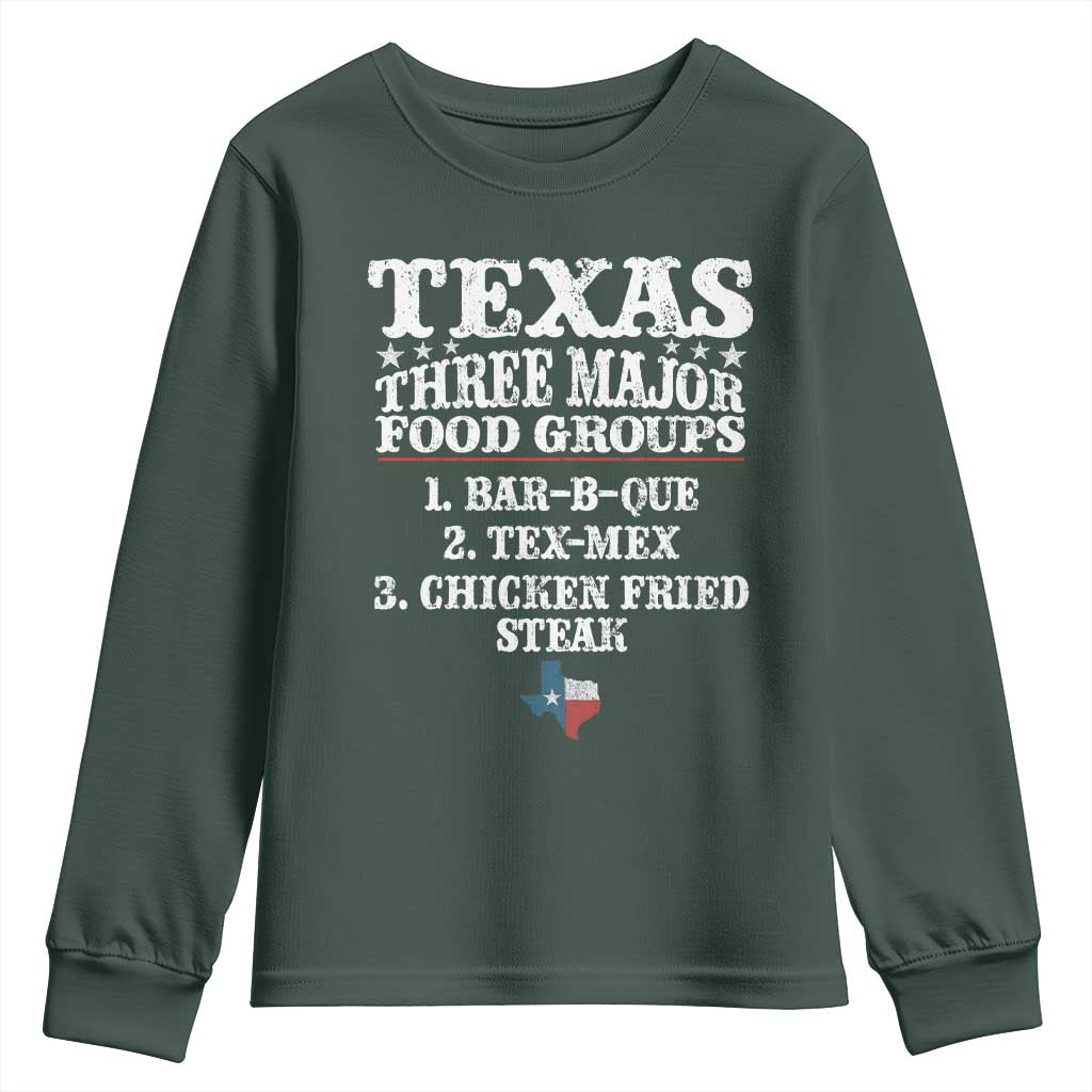 Proud American Texan Youth Sweatshirt Texas Three Major Food Groups BBQ Tex Mex Chicken TS11 Dark Forest Green Print Your Wear