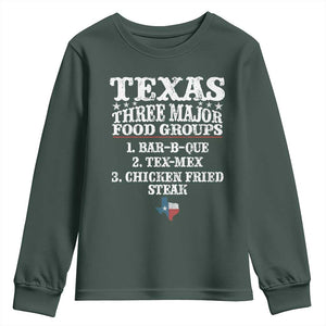 Proud American Texan Youth Sweatshirt Texas Three Major Food Groups BBQ Tex Mex Chicken TS11 Dark Forest Green Print Your Wear