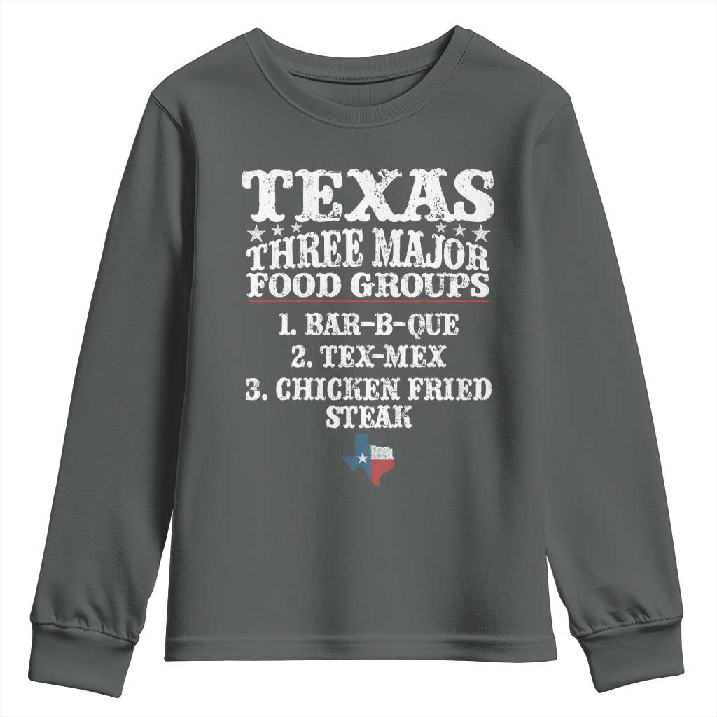 Proud American Texan Youth Sweatshirt Texas Three Major Food Groups BBQ Tex Mex Chicken TS11 Dark Heather Print Your Wear