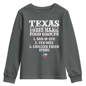 Proud American Texan Youth Sweatshirt Texas Three Major Food Groups BBQ Tex Mex Chicken TS11 Dark Heather Print Your Wear
