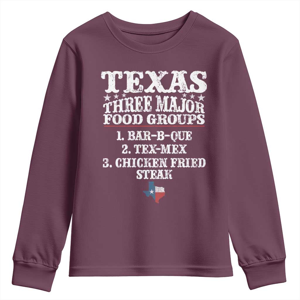 Proud American Texan Youth Sweatshirt Texas Three Major Food Groups BBQ Tex Mex Chicken TS11 Maroon Print Your Wear