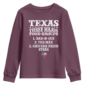Proud American Texan Youth Sweatshirt Texas Three Major Food Groups BBQ Tex Mex Chicken TS11 Maroon Print Your Wear