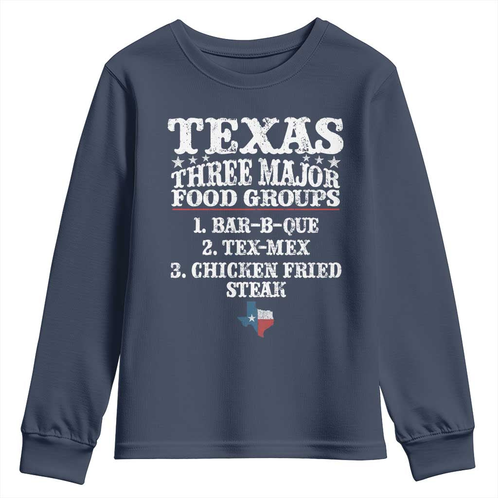 Proud American Texan Youth Sweatshirt Texas Three Major Food Groups BBQ Tex Mex Chicken TS11 Navy Print Your Wear