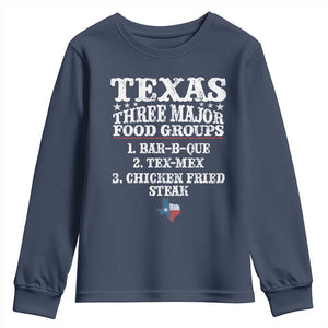 Proud American Texan Youth Sweatshirt Texas Three Major Food Groups BBQ Tex Mex Chicken TS11 Navy Print Your Wear