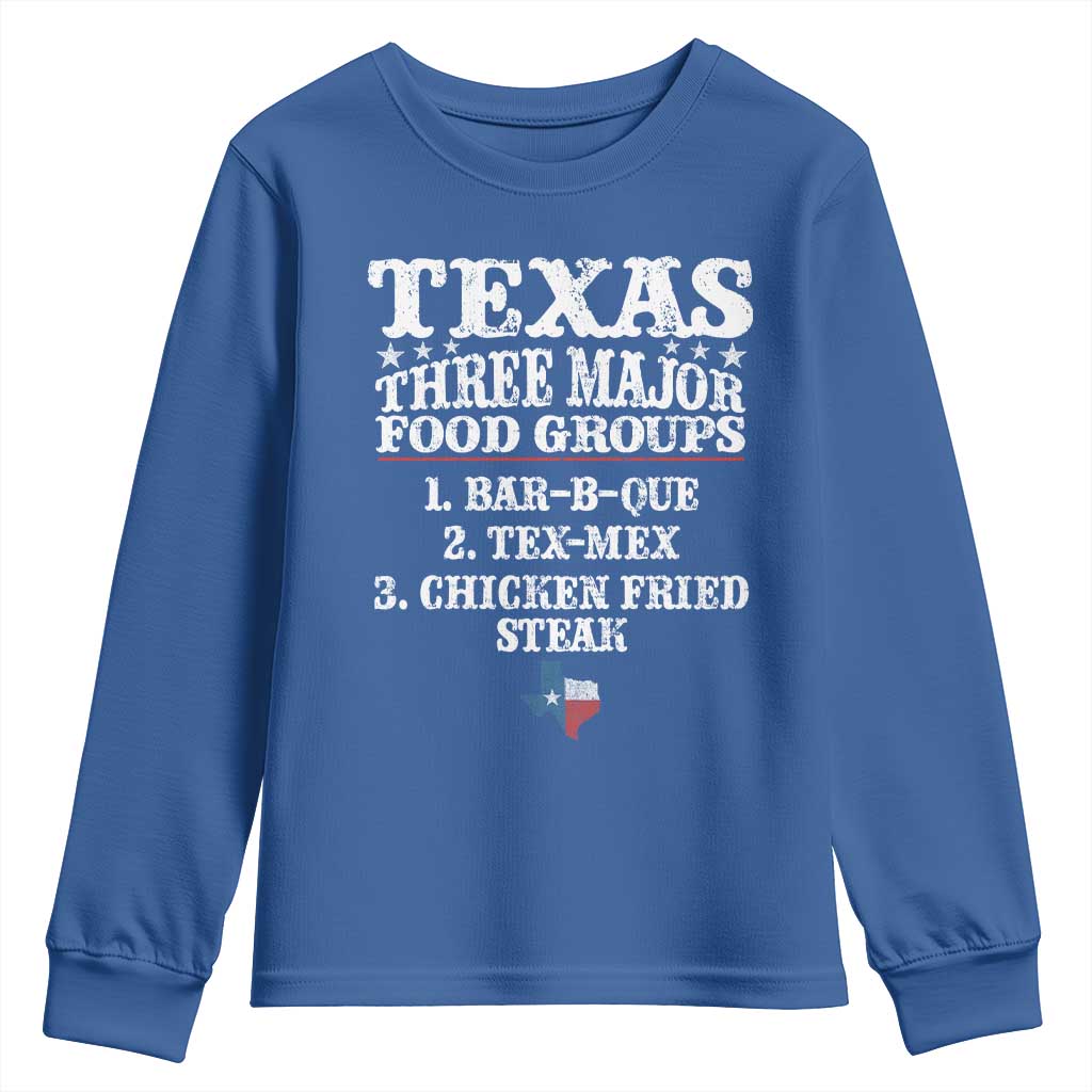 Proud American Texan Youth Sweatshirt Texas Three Major Food Groups BBQ Tex Mex Chicken TS11 Royal Blue Print Your Wear