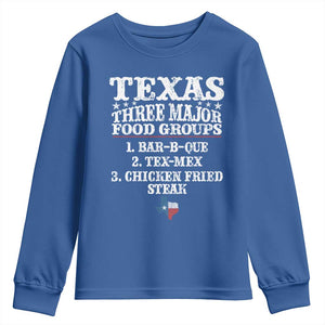 Proud American Texan Youth Sweatshirt Texas Three Major Food Groups BBQ Tex Mex Chicken TS11 Royal Blue Print Your Wear
