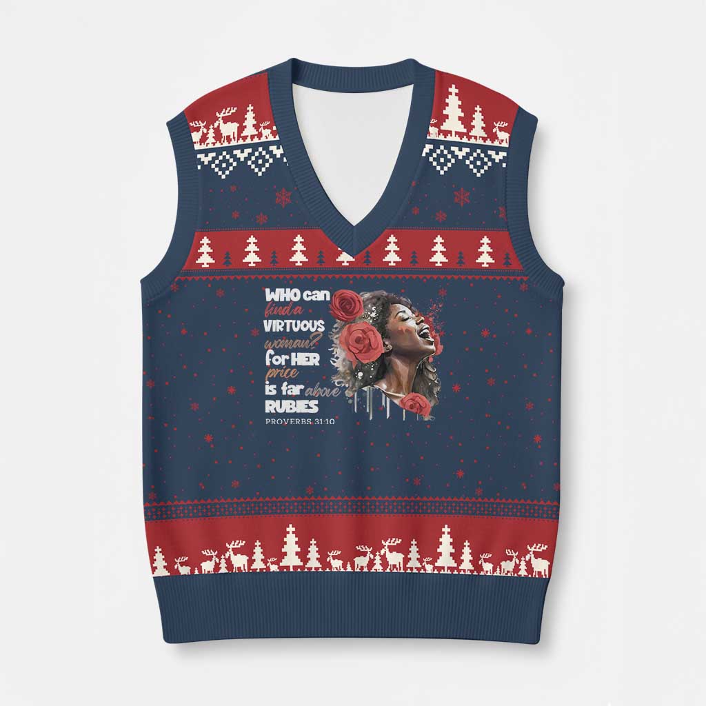 Christian African American V-Neck Knit Sweater Vest Who Can Find A Virtuous Woman TS11 Navy Red Print Your Wear