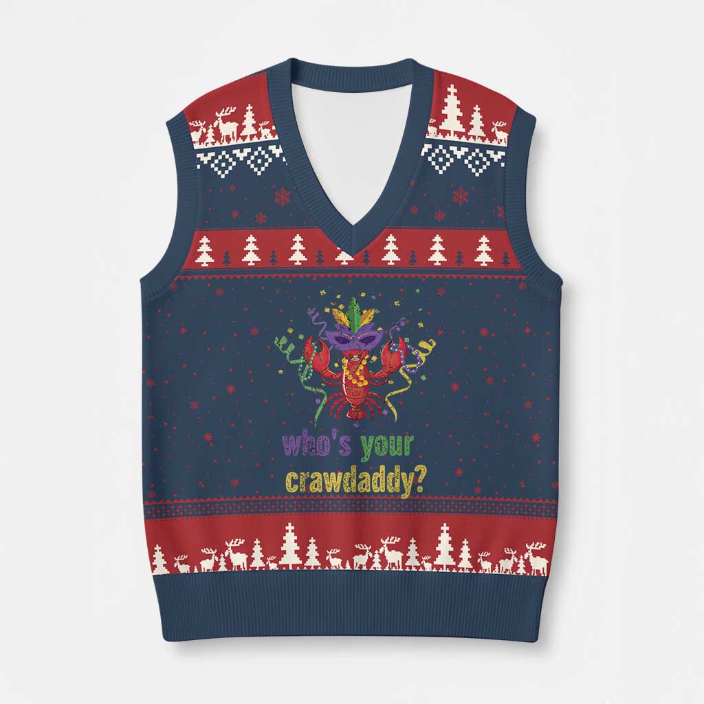 Funny Who's Your Crawdaddy V-Neck Knit Sweater Vest Crawfish Beads Mardi Gras TS11 Navy Red Print Your Wear