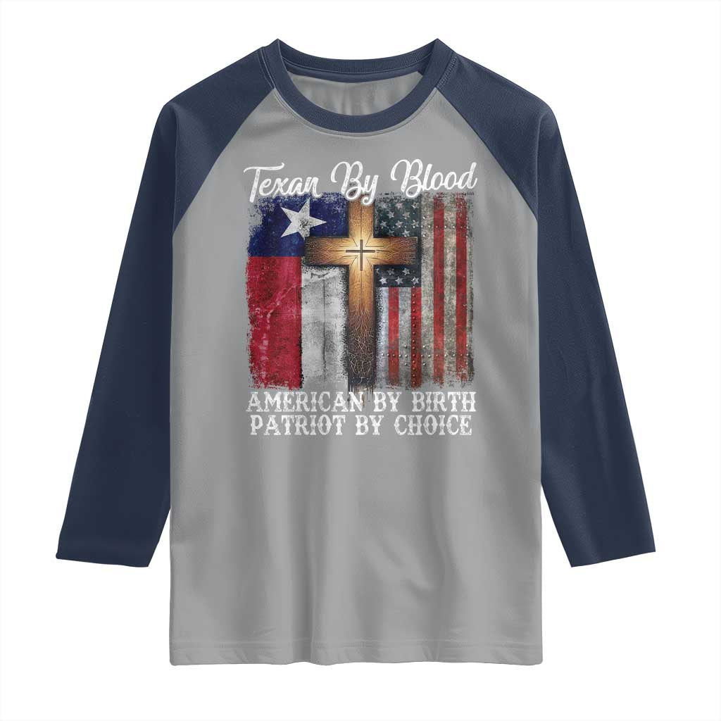 Proud American Texan Jesus Raglan Shirt Texan By Blood American By Birth Patriot By Choice Cross TS11 Sport Gray Navy Print Your Wear