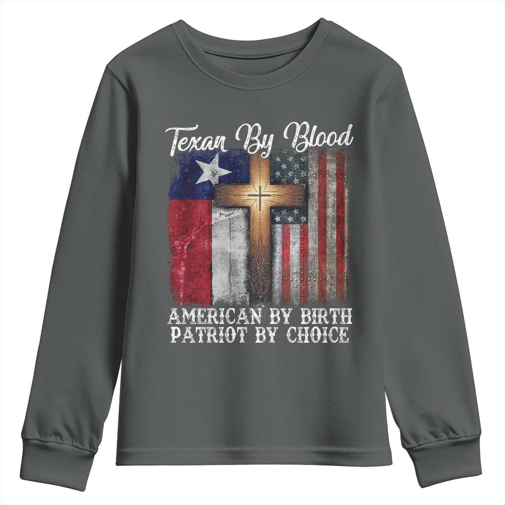 Proud American Texan Jesus Youth Sweatshirt Texan By Blood American By Birth Patriot By Choice Cross TS11 Dark Heather Print Your Wear